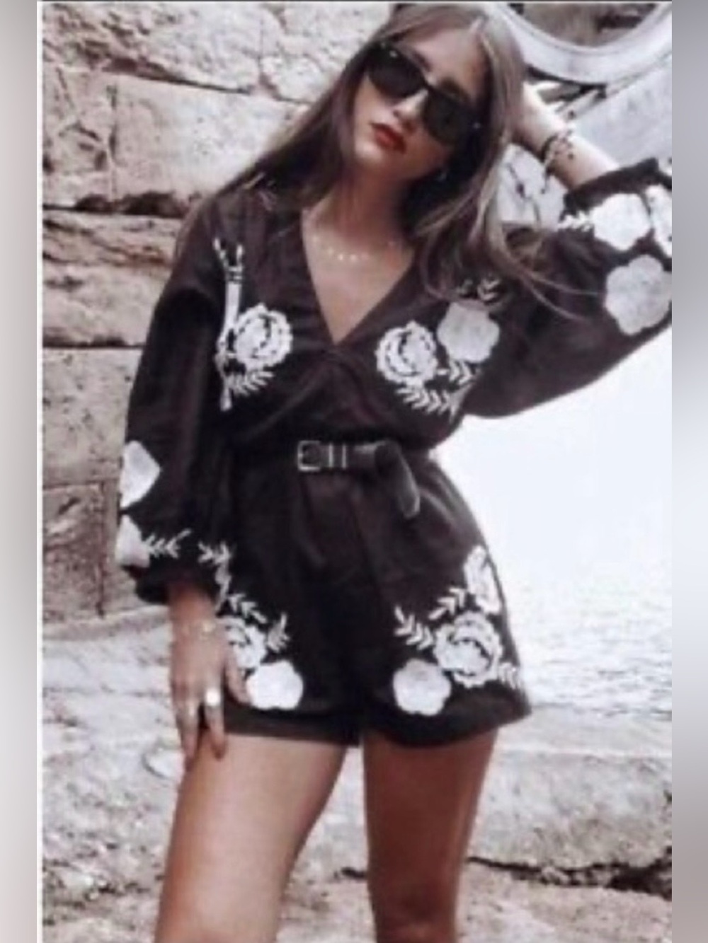 Zara Puff Sleeve Black Romper with White Cream Floral Embroidery. Size M